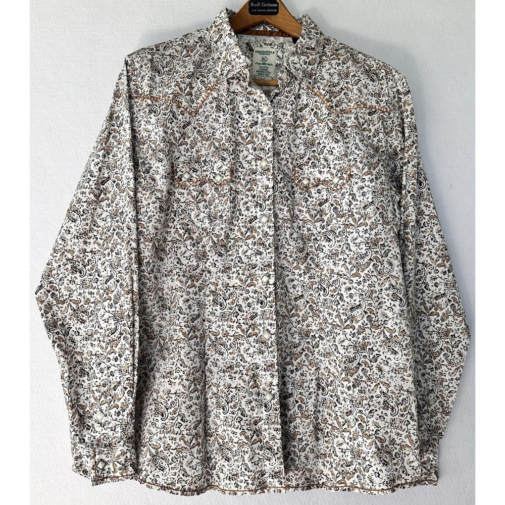Panhandle Western Rodeo Cowboy Shirt Pearl Square Snap White Floral Men's XL